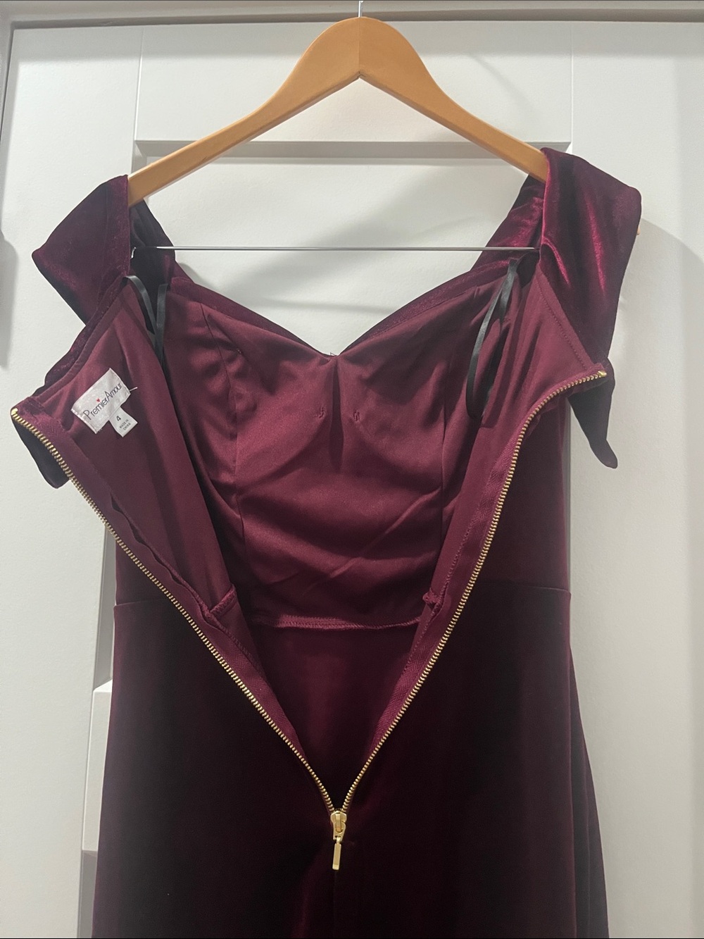 Premier Amour Size 4 Velvet Off the Shoulder Midi Dress Burgundy Worn Once - Picture 8 of 13